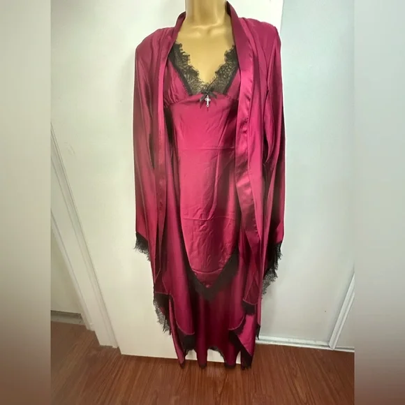 Kill Star Blood Red Fatal Farewell Slip Dress & Devils Lullaby Satin Robe NWT S